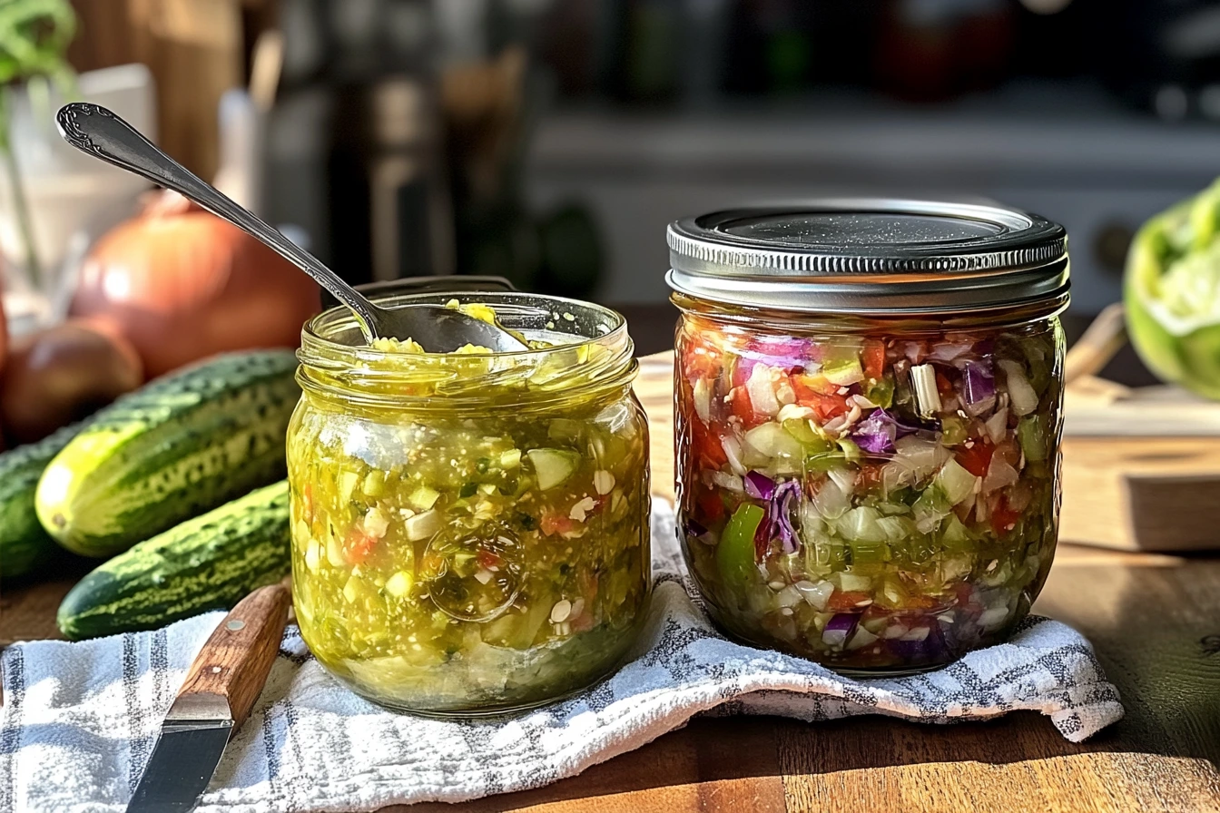 Two open jars on a wooden kitchen counter showcasing the difference between pickle relish and chow chow. The pickle relish jar contains finely chopped cucumbers with a glossy texture, while the chow chow jar features a colorful mix of chunky vegetables like cabbage, green tomatoes, and peppers. A spoon rests inside the pickle relish jar, with natural light highlighting the scene and ingredients like cucumbers and onions in the background.