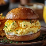 A beautifully assembled Egg Drop Sandwich with fluffy scrambled eggs, melted cheese, and a drizzle of creamy sauce tucked into a soft, toasted brioche bun