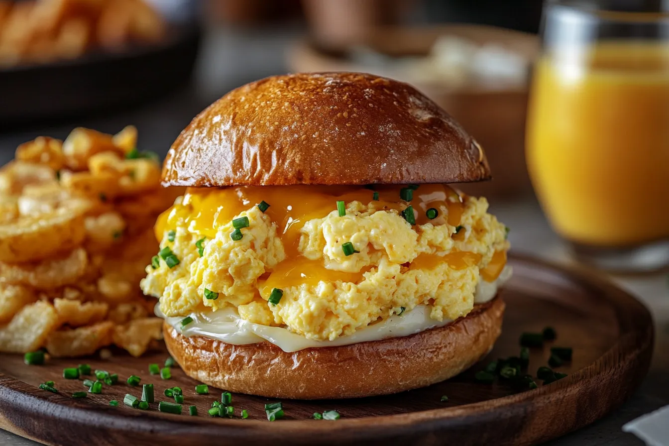 A beautifully assembled Egg Drop Sandwich with fluffy scrambled eggs, melted cheese, and a drizzle of creamy sauce tucked into a soft, toasted brioche bun