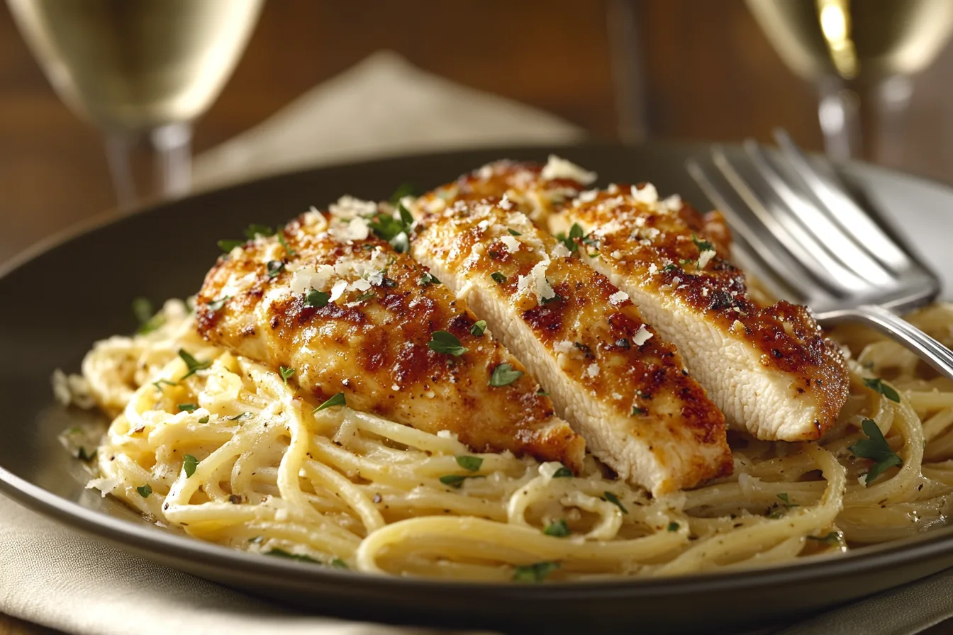 A beautifully plated dish of Garlic Parmesan Chicken Pasta, featuring al dente pasta tossed in a creamy garlic parmesan sauce