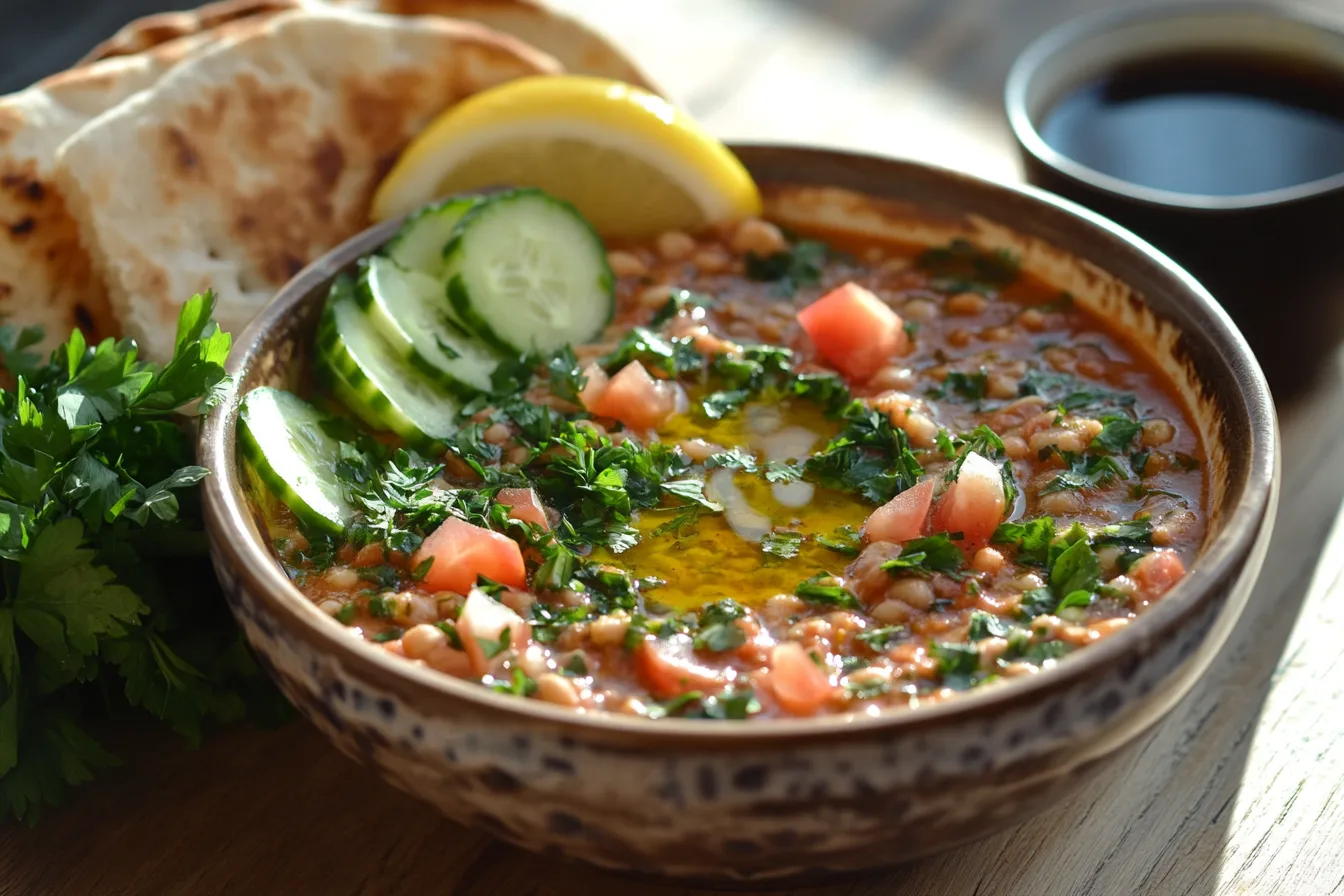 A beautifully presented bowl of Ful Medames topped with a drizzle of olive oil, chopped parsley, diced tomatoes, and a squeeze of lemon