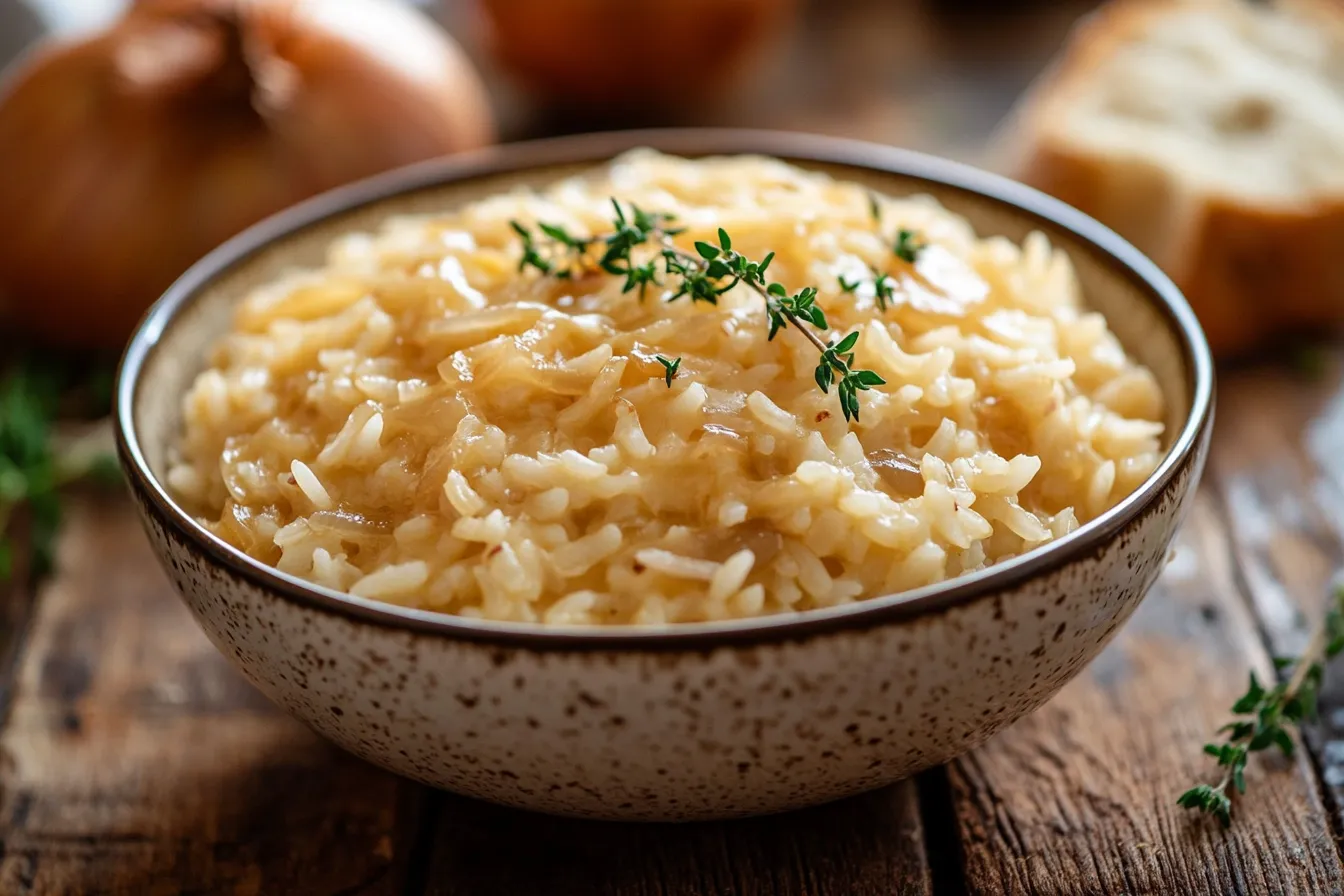 A bowl of French Onion Soup Rice topped with golden, melted cheese and garnished with fresh thyme. The dish is served on a rustic wooden table