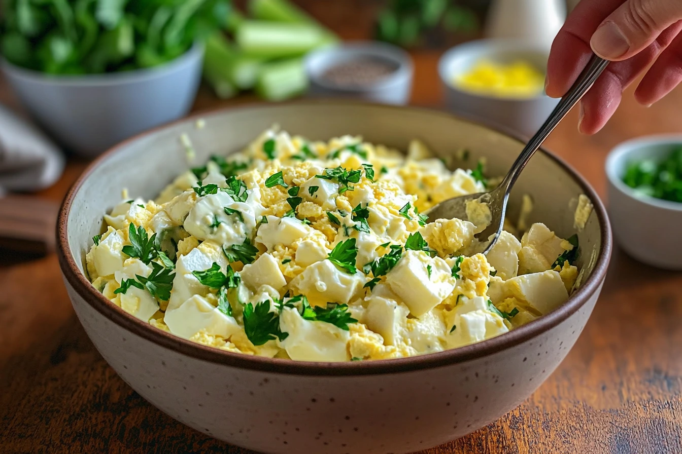 A bowl of creamy egg salad made with Greek yogurt, garnished with fresh parsley, served with whole-grain bread and fresh vegetables.