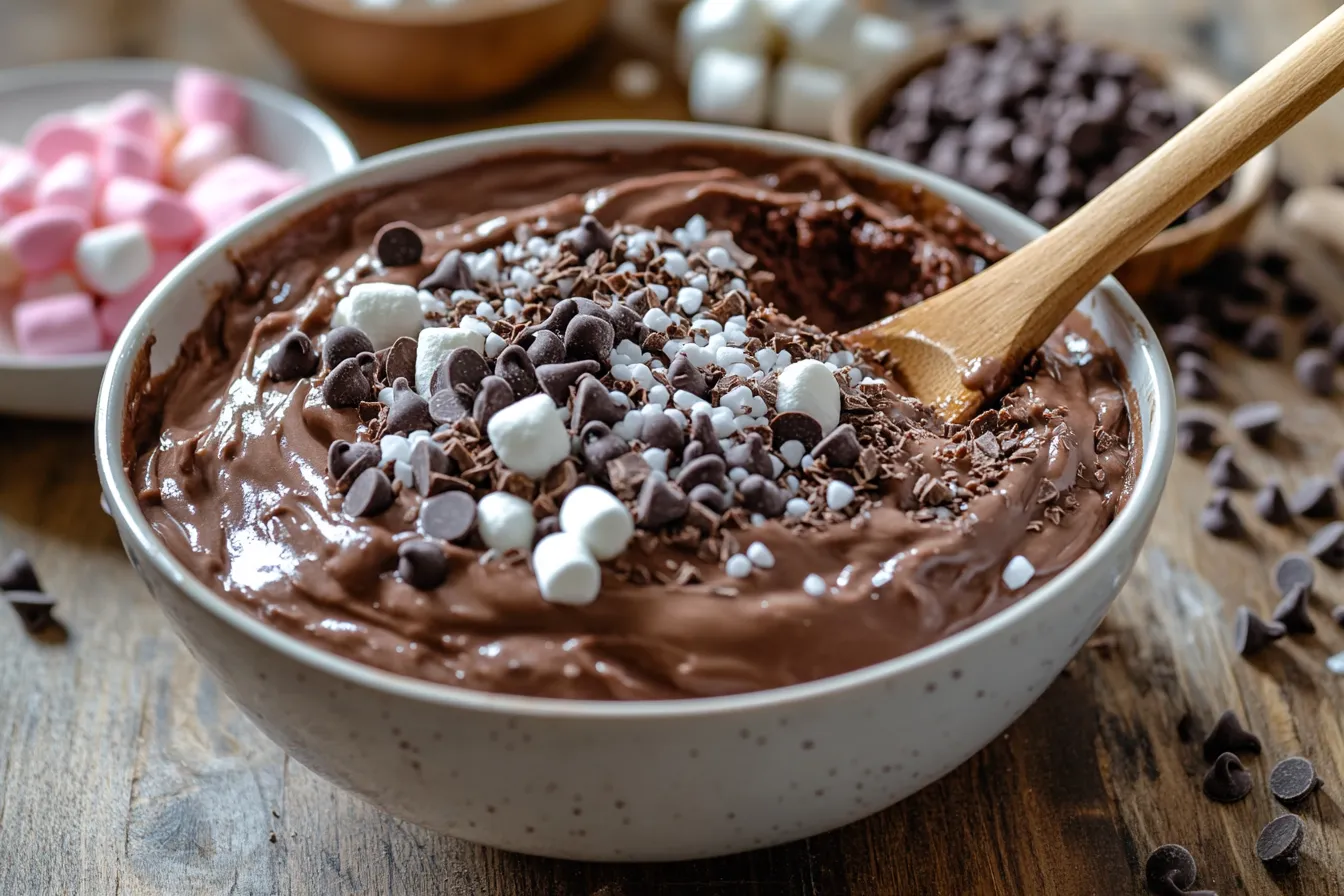 A bowl of rich, edible brownie batter topped with chocolate chips and a sprinkle of sea salt