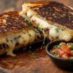 A close-up, eye-level, slightly angled photograph of a grilled cheese burrito