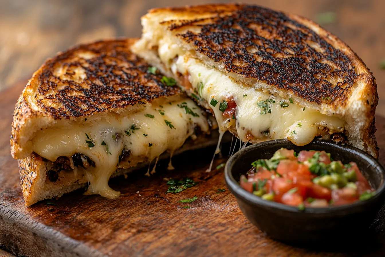 A close-up, eye-level, slightly angled photograph of a grilled cheese burrito