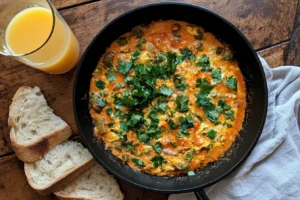 A colorful plate of shakshuka with eggs, tomatoes, and herbs, garnished with parsley, showing a hearty yet healthy dish.