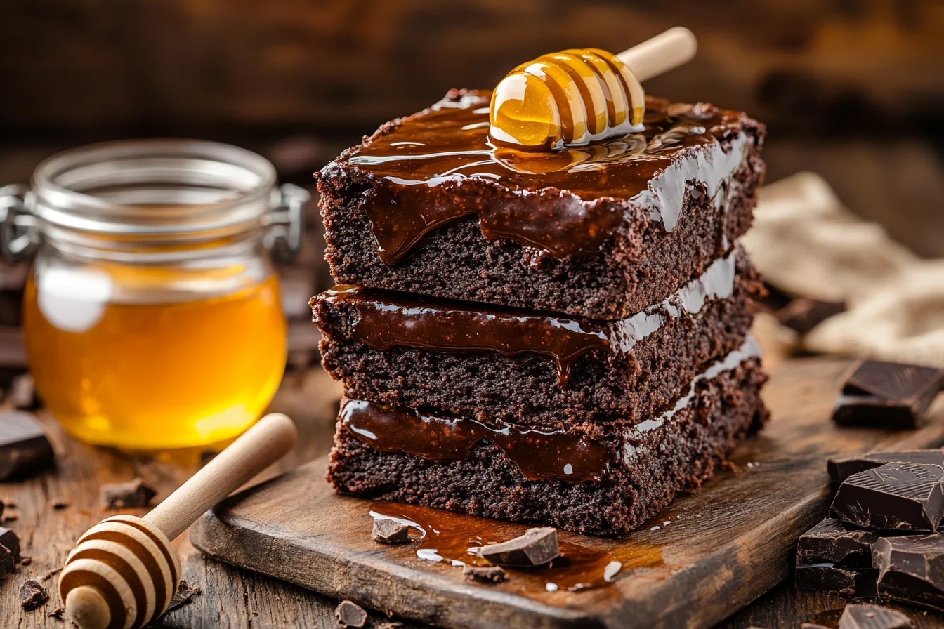 A decadent brownie stack with a glossy, honey-sweetened chocolate glaze