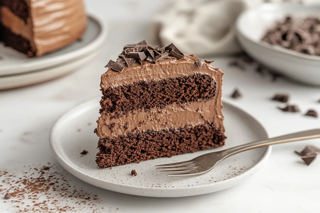 A decadent slice of Triple Chocolate Cake on a white plate, showcasing three distinct layer