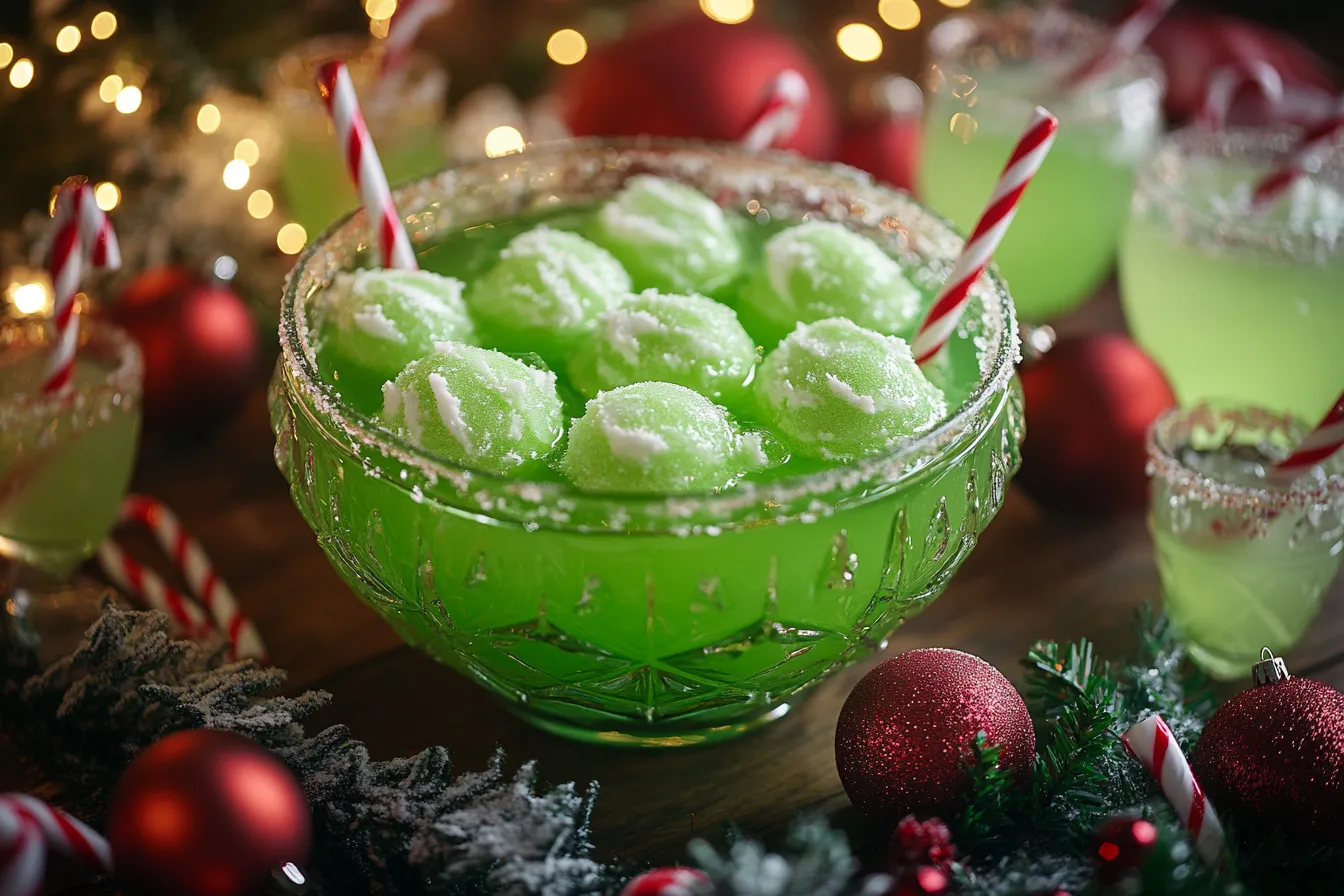 A festive bowl of Grinch Punch, vibrant green with scoops of lime sherbet floating on top