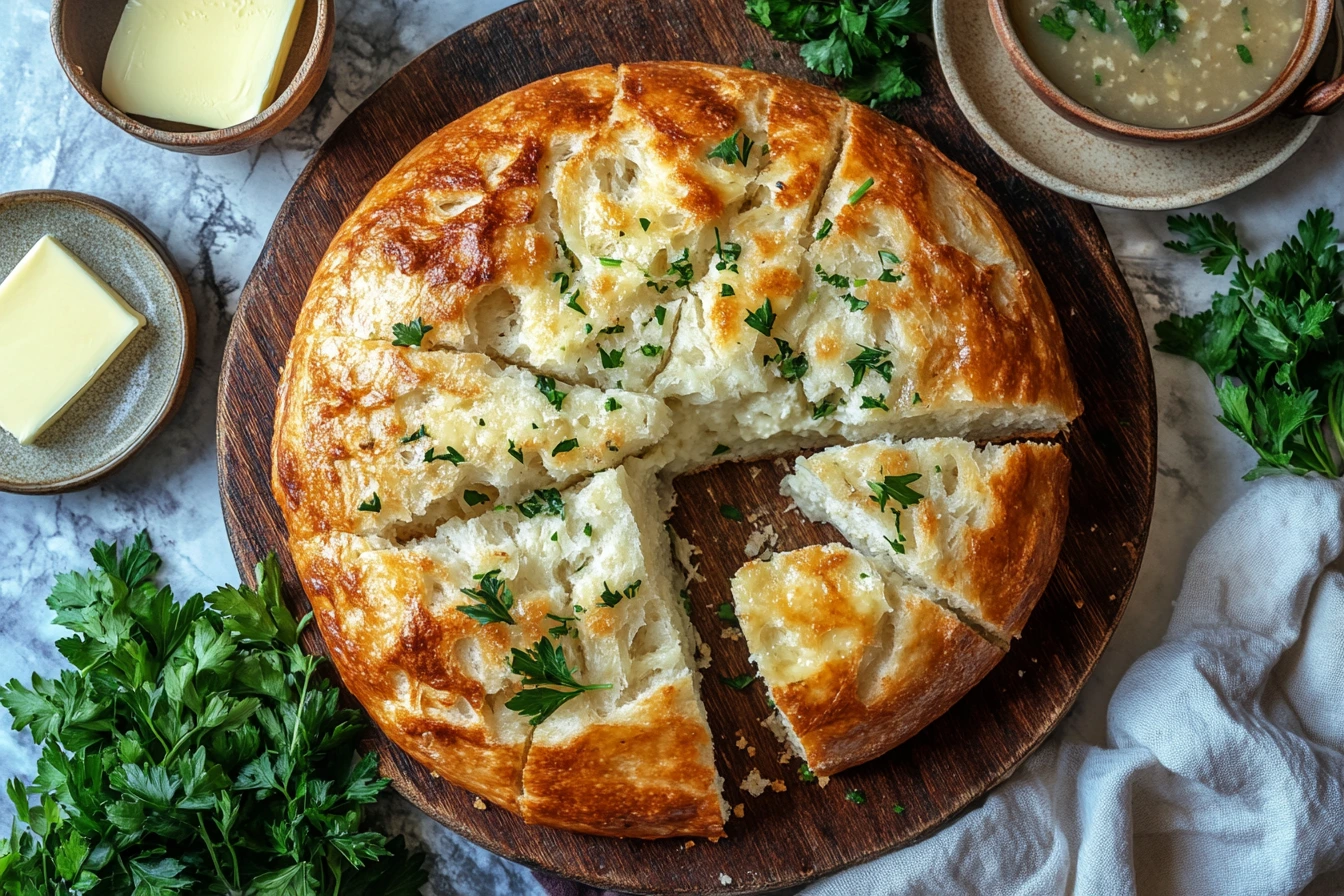 A freshly baked loaf of Greek yogurt garlic bread, sliced to reveal its fluffy texture, surrounded by a mix of fresh herbs and garlic cloves.