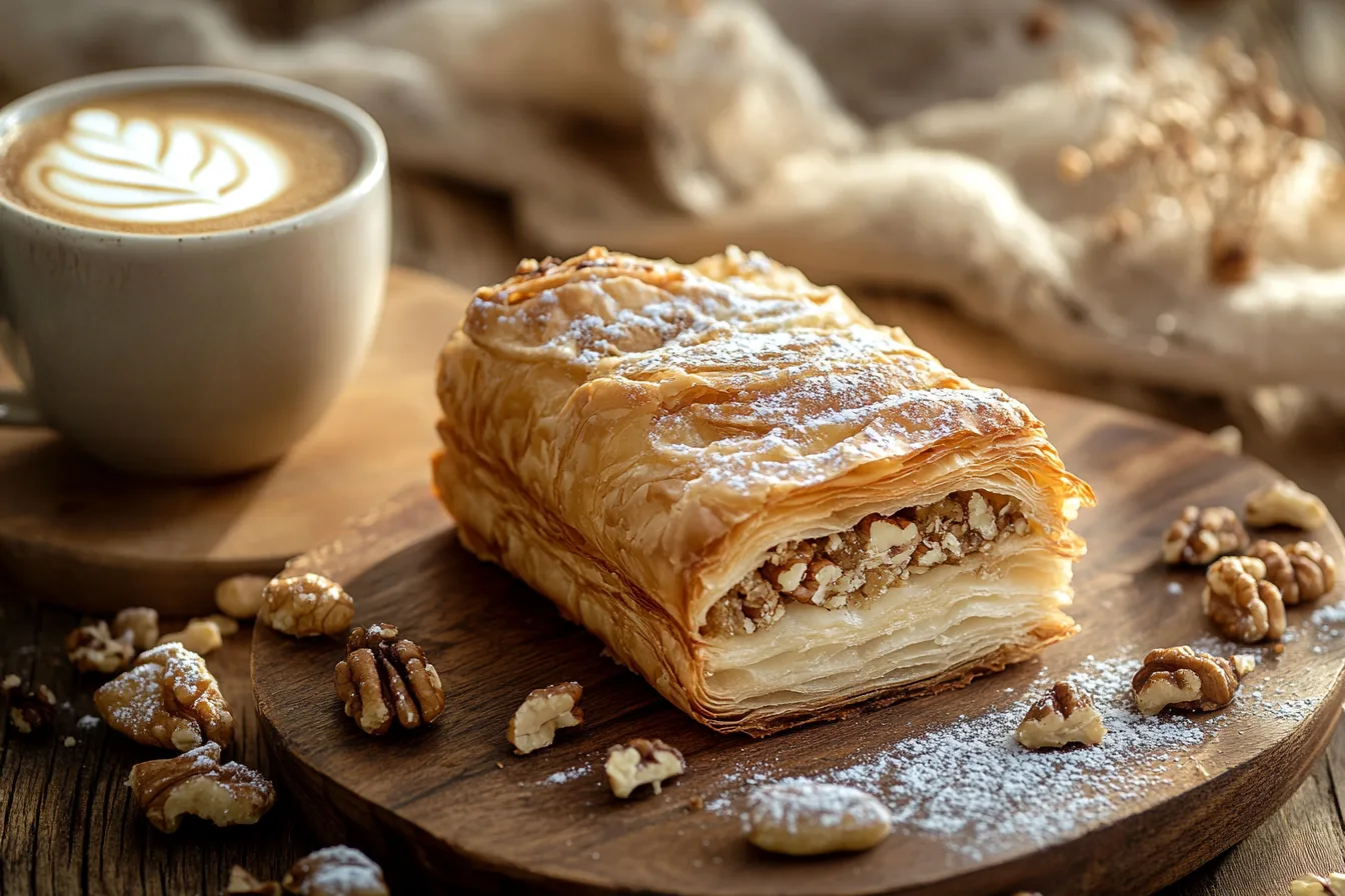 A golden-brown Nussgipfel sitting on a wooden board, its flaky, layered pastry shining in warm natural light