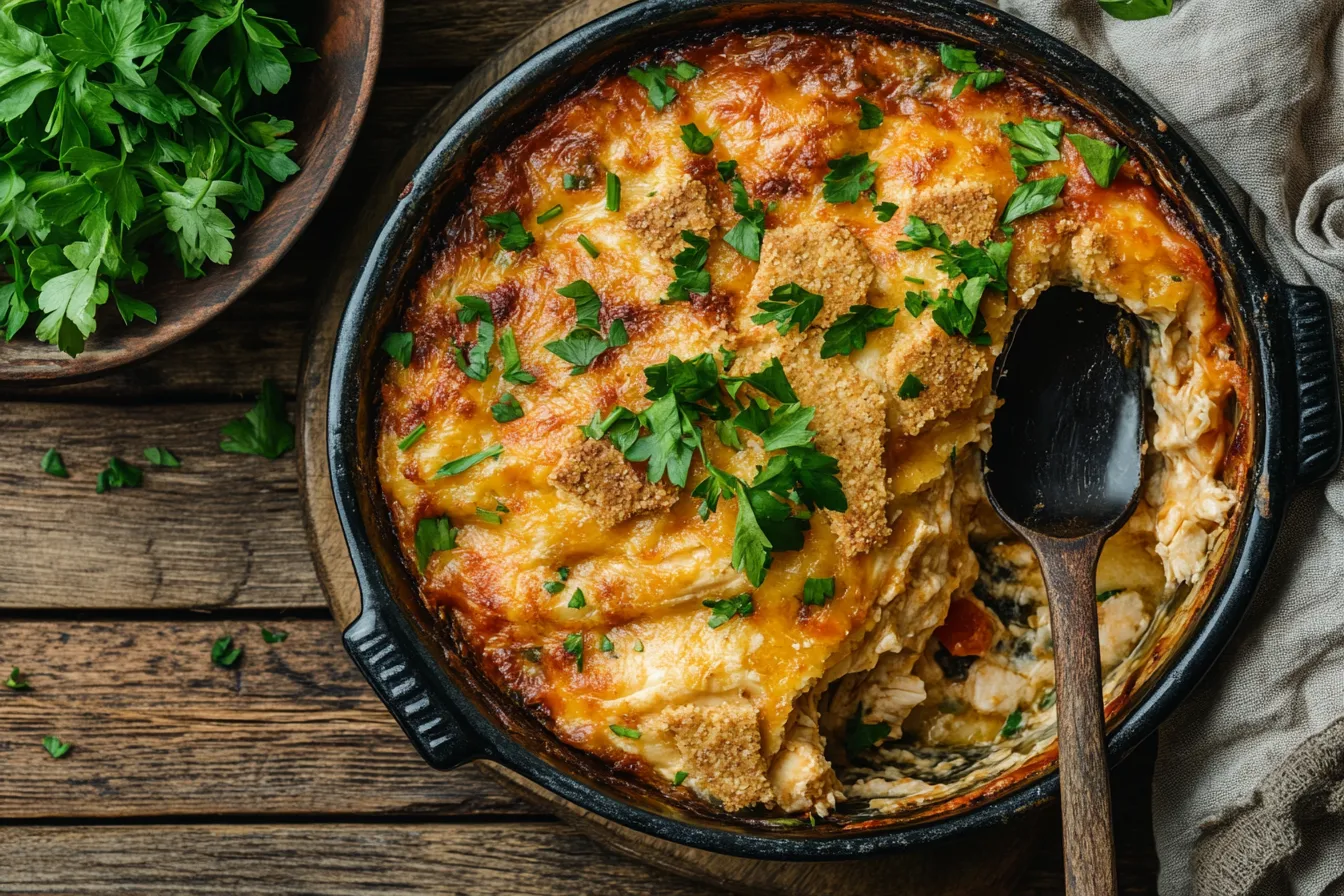 A golden-brown chicken casserole served in a baking dish, topped with a crunchy cracker crust and garnished with fresh parsley