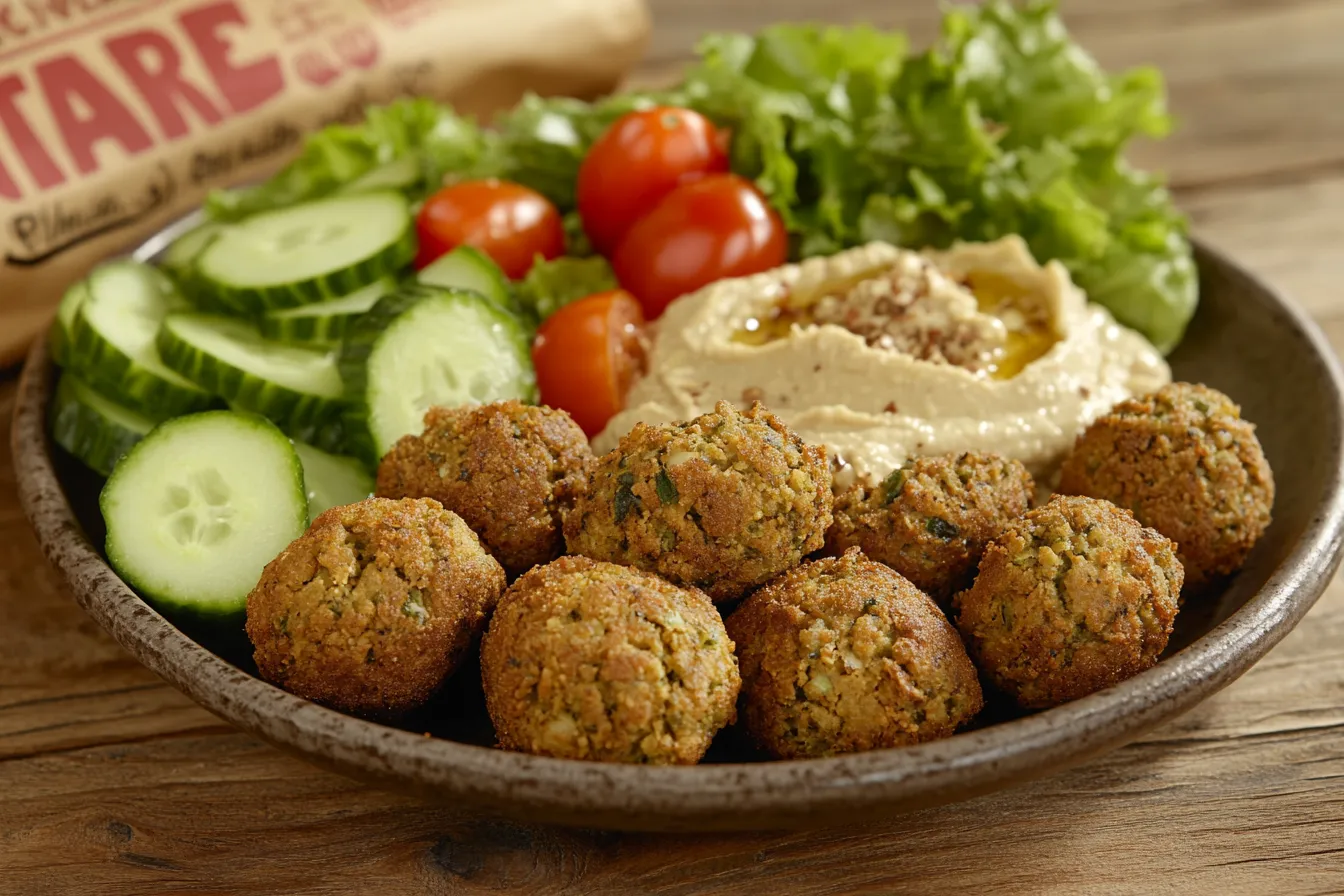 A plate of Trader Joe’s falafel served alongside a side of hummus, a fresh salad with cucumbers and cherry tomatoes, and a drizzle of tahini sauce.