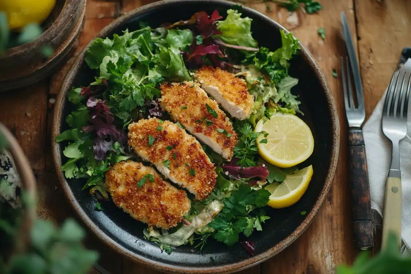 A plate of golden, oven-baked chicken cutlets served alongside a fresh green salad and a slice of lemon.