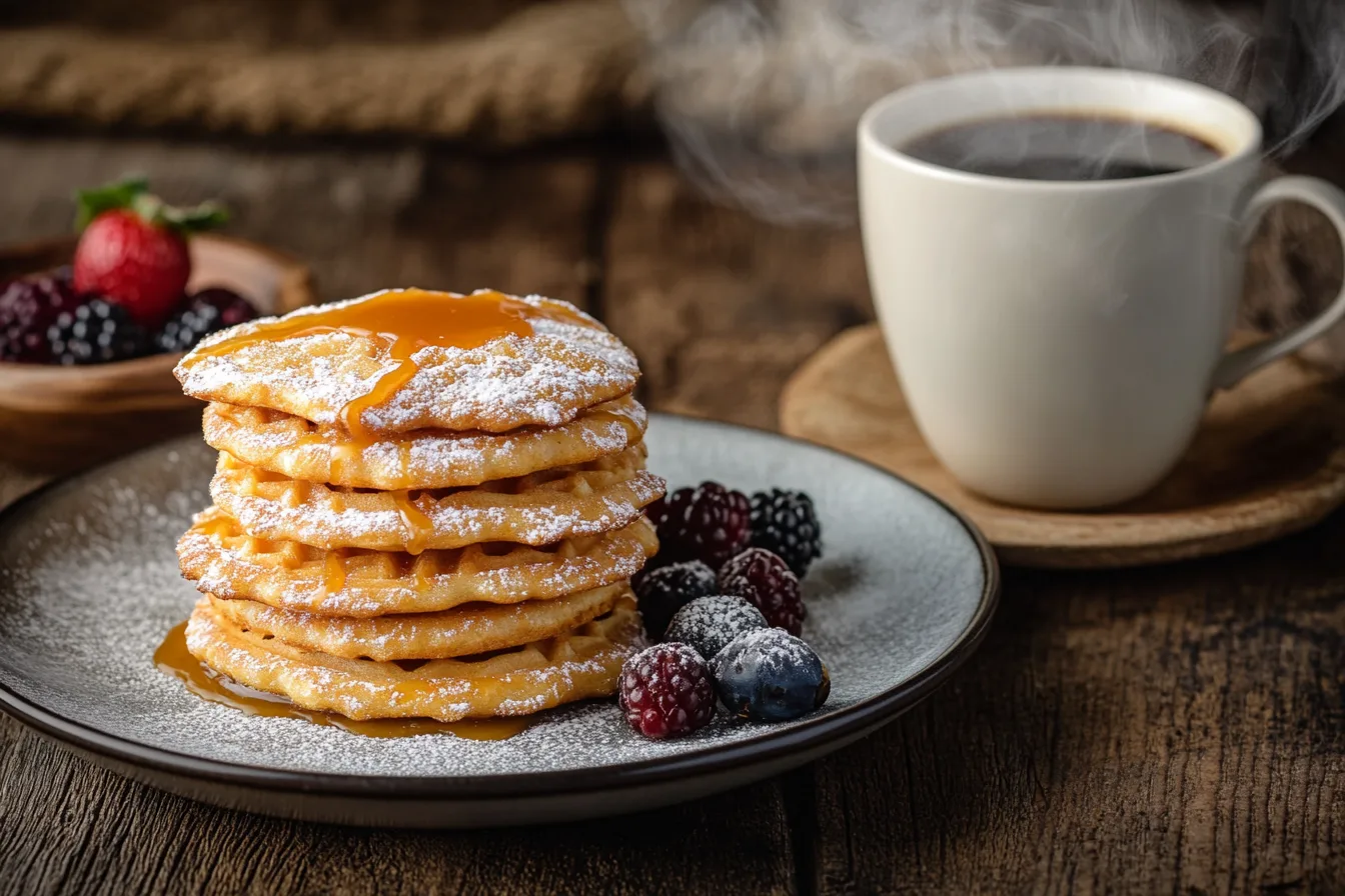 A plate of golden waffle cookies stacked neatly, drizzled lightly with caramel sauce and topped with a sprinkle of powdered sugar