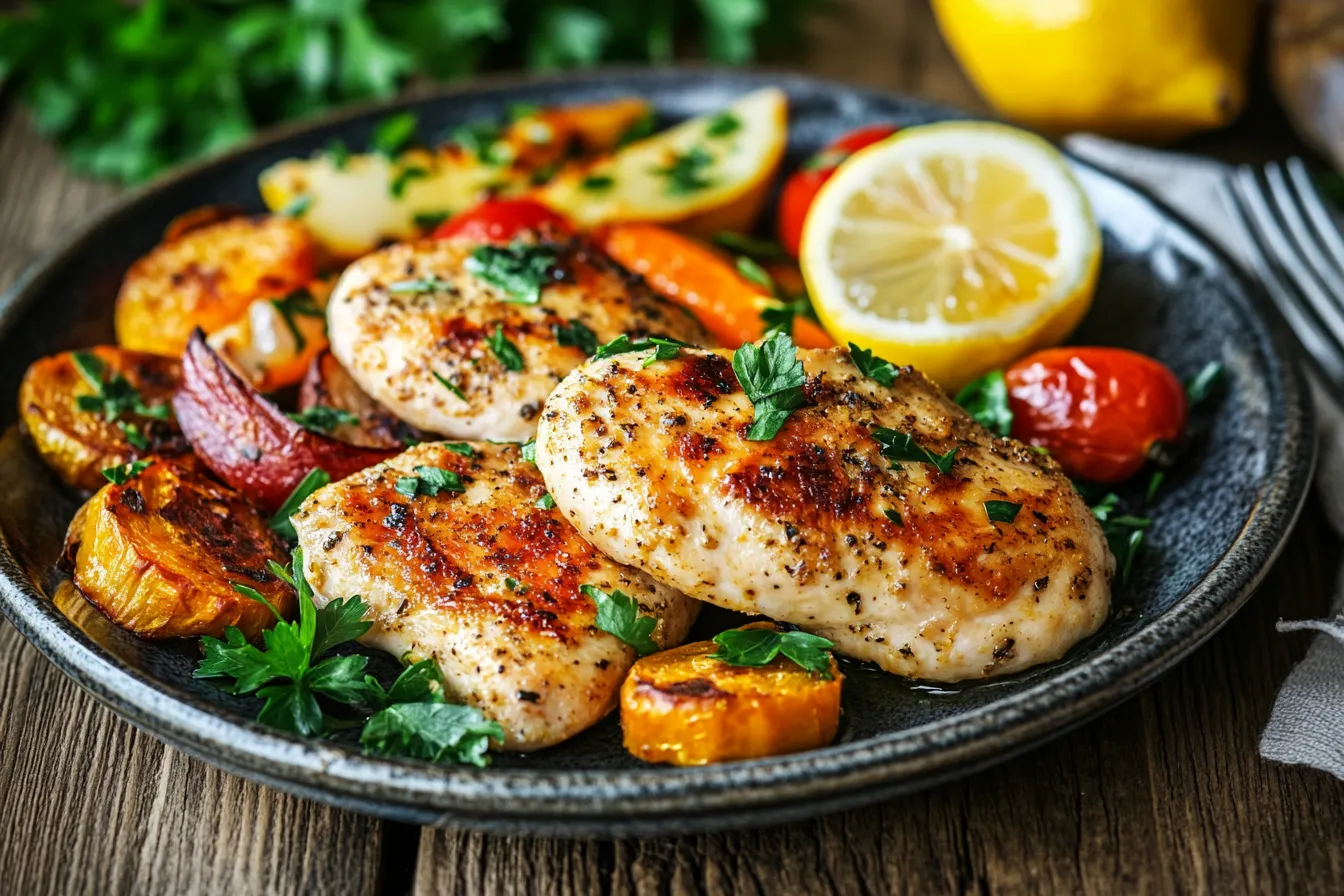 A plate of perfectly baked chicken cutlets garnished with fresh parsley, served with a side of roasted vegetables and a lemon wedge