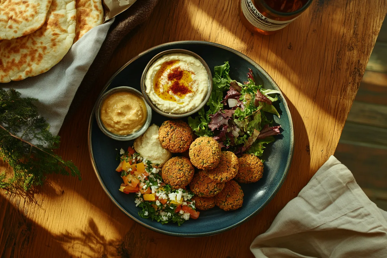 A plated serving of Trader Joe’s falafel with sides