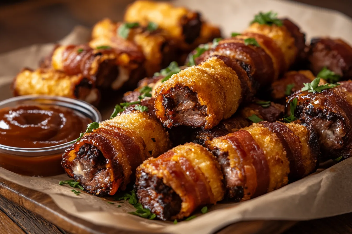 A platter of Texas Twinkies arranged neatly, showing bacon-wrapped jalapeños stuffed with cream cheese and brisket