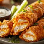 A platter of crispy Buffalo Chicken Egg Rolls cut diagonally, revealing a filling of shredded chicken, melted cheese, and buffalo sauce