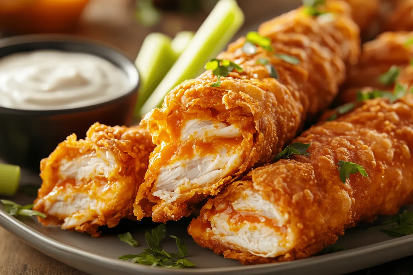 A platter of crispy Buffalo Chicken Egg Rolls cut diagonally, revealing a filling of shredded chicken, melted cheese, and buffalo sauce