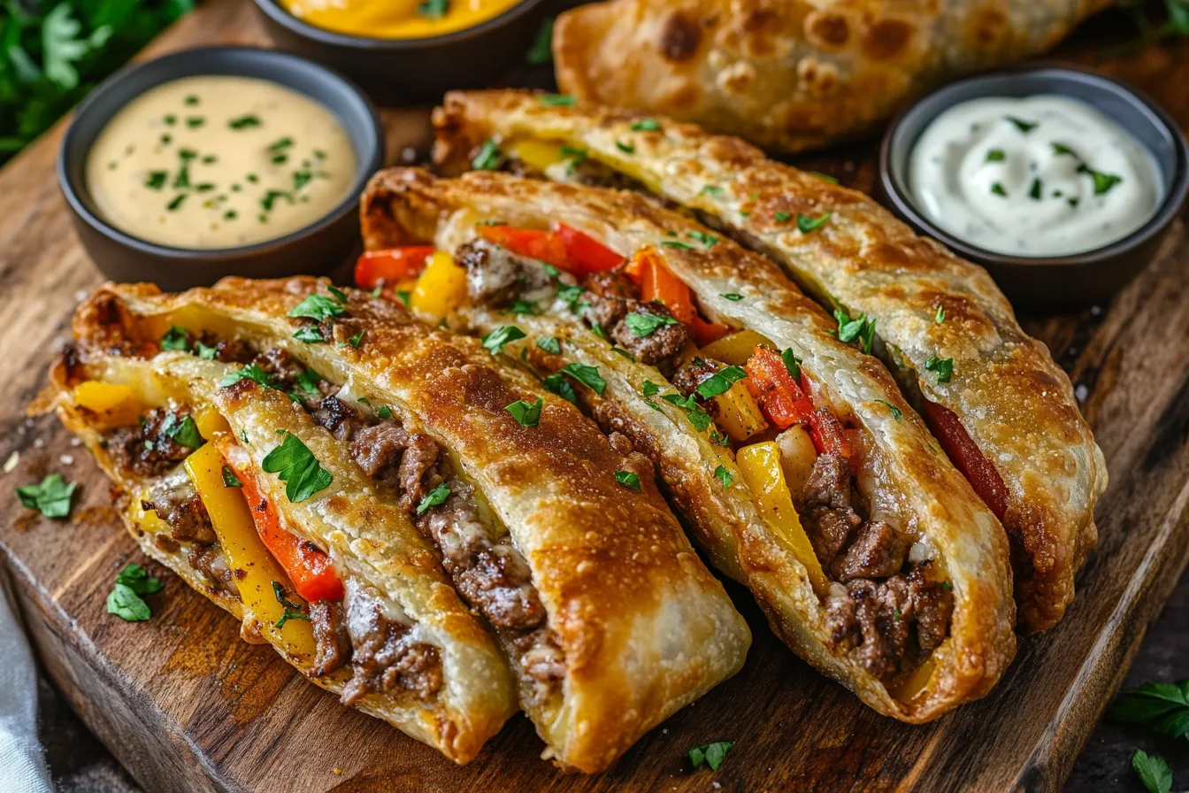 A platter of golden, crispy Philly Cheesesteak Egg Rolls cut diagonally to showcase the gooey melted cheese, tender steak, and sautéed peppers and onions inside.