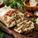 A rustic wooden board showcasing a log of bacon butter wrapped in parchment paper, with slices cut to reveal bits of crispy bacon and creamy butter.webp