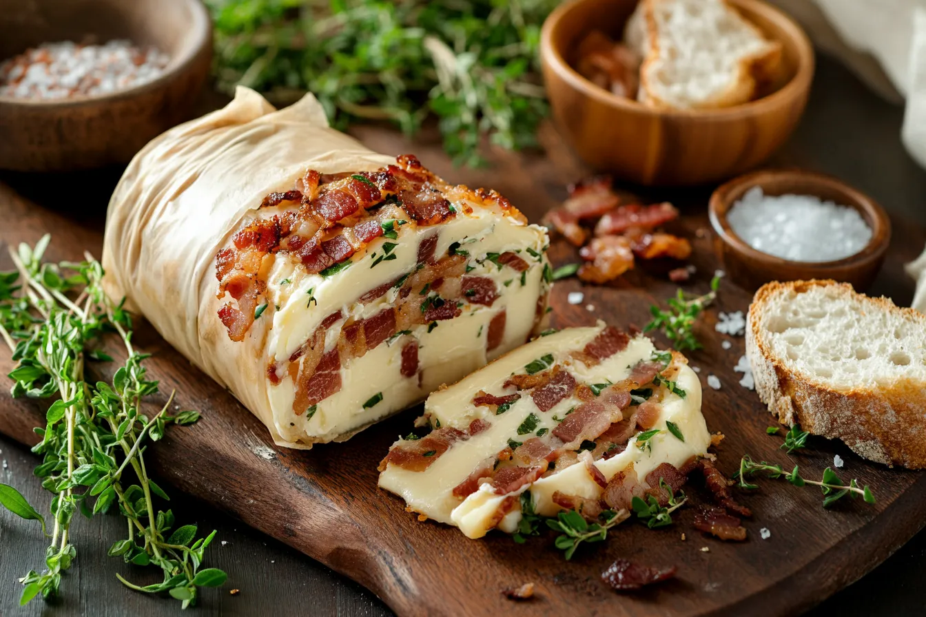 A rustic wooden board showcasing a log of bacon butter wrapped in parchment paper, with slices cut to reveal bits of crispy bacon and creamy butter.webp