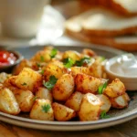 A serving of crispy, golden-brown Air Fryer Breakfast Potatoes on a rustic plate, garnished with fresh parsley and a sprinkle of paprika