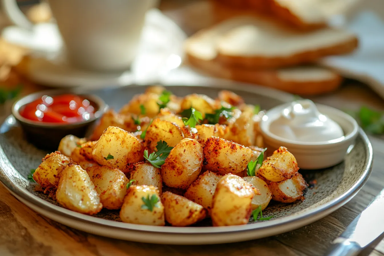 A serving of crispy, golden-brown Air Fryer Breakfast Potatoes on a rustic plate, garnished with fresh parsley and a sprinkle of paprika