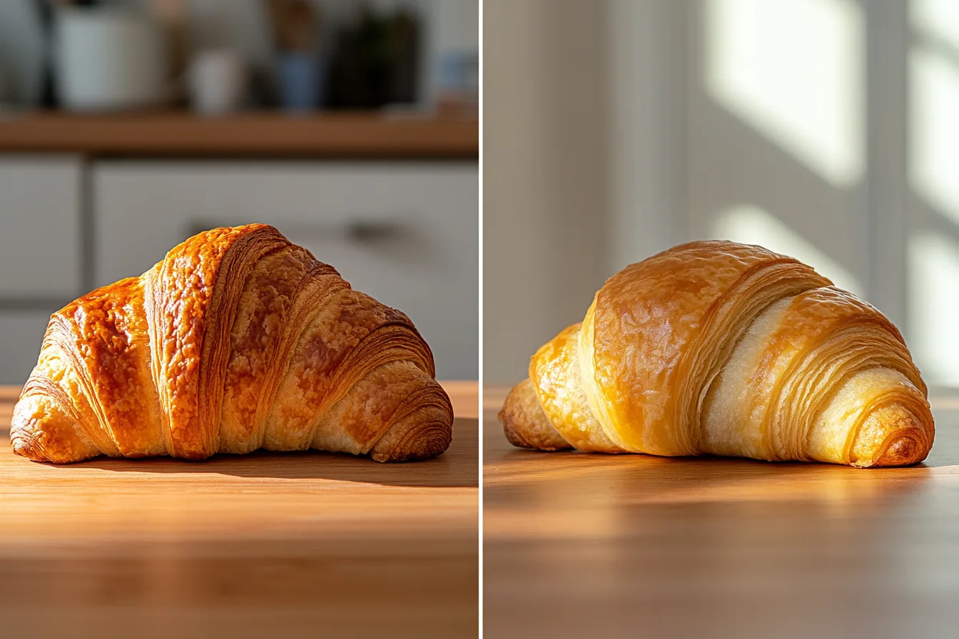 A side-by-side comparison of a freshly baked croissant and a gipfeli on a wooden table.