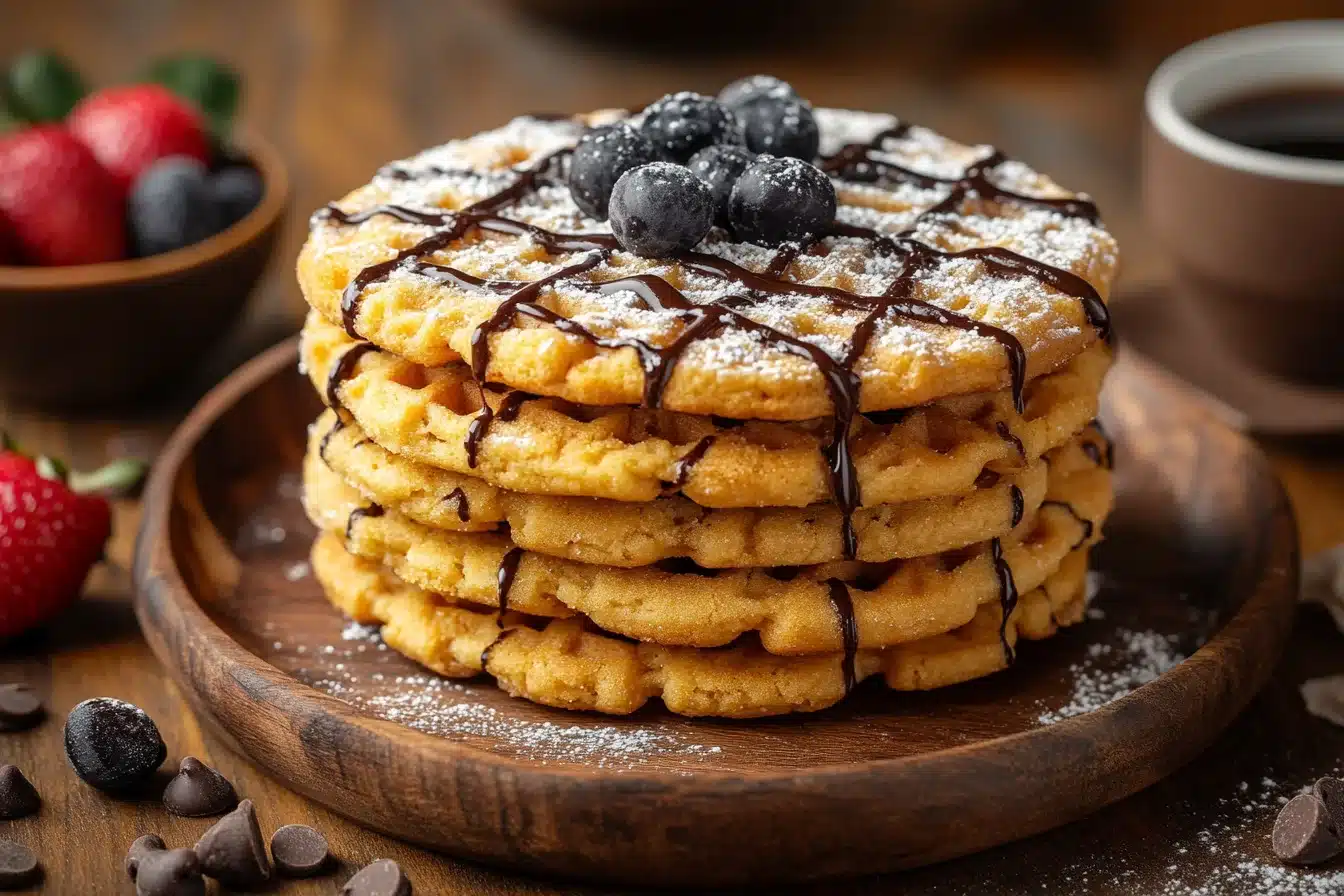 A stack of golden waffle cookies with a drizzle of chocolate syrup and powdered sugar dusted on top. The cookies are styled on a rustic wooden plate