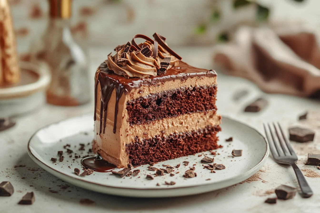 A stunning Triple Chocolate Cake slice on a white plate, showcasing its three layers moist chocolate cake