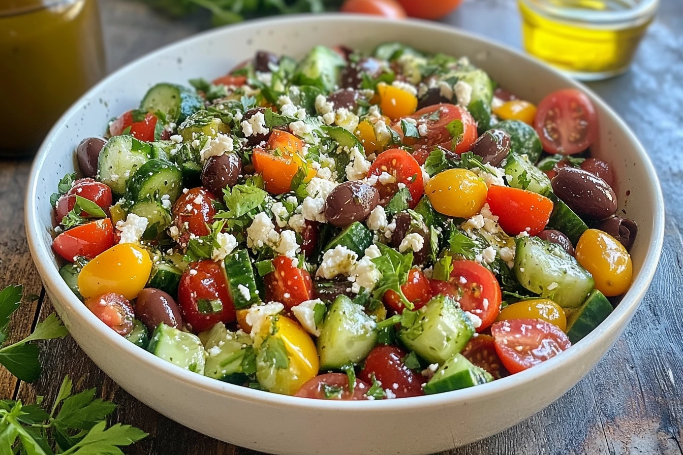 A vibrant Ina Garten Greek Salad served in a white bowl, garnished with fresh herbs, alongside a jar of vinaigrette on a rustic table.