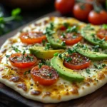 A vibrant, eye-level, close-up photograph of a single cottage cheese flatbread