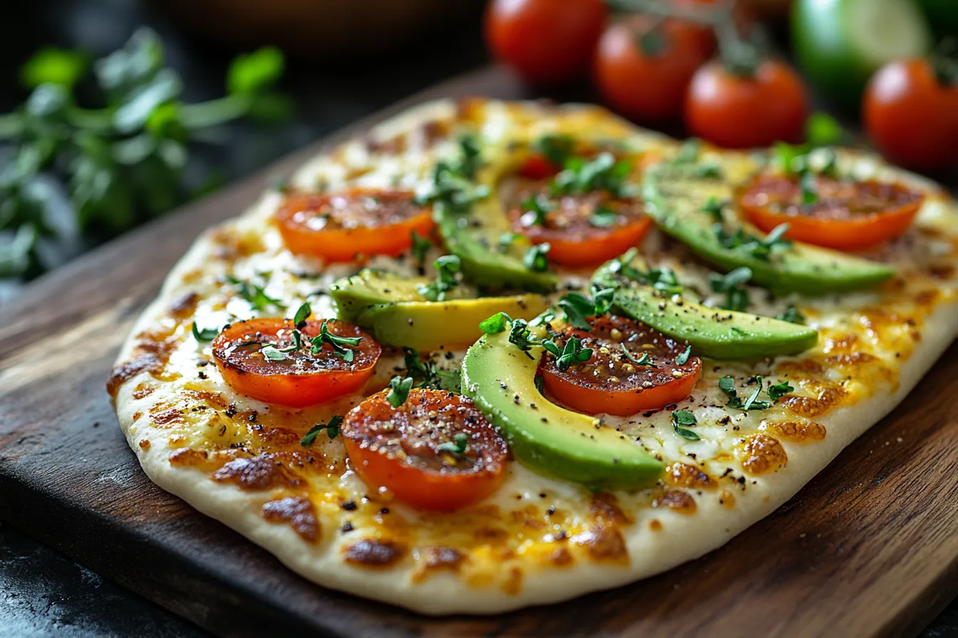 A vibrant, eye-level, close-up photograph of a single cottage cheese flatbread