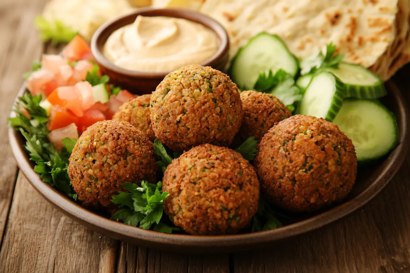 A vibrant plate of golden-brown falafel balls served alongside fresh pita bread, a bowl of hummus, and a colorful salad with cucumbers, tomatoes, and parsley