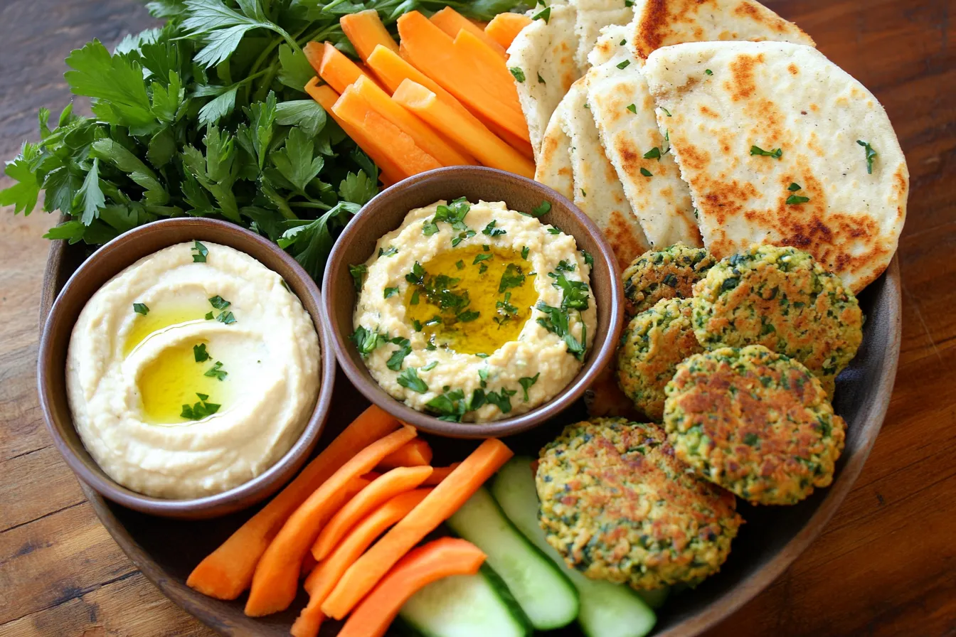 The vibrant plate of lupin falafels with sides.