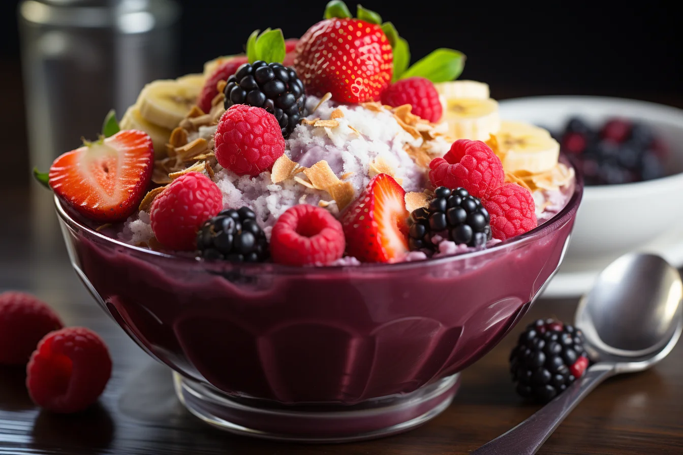 A vibrant, realistic photograph of a tropical smoothie acai bowl, styled on a bright white surface with natural sunlight