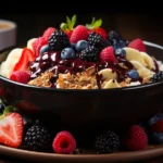 A vibrant, realistic photograph showcasing a fully assembled acai bowl, styled on a light wooden table with natural light