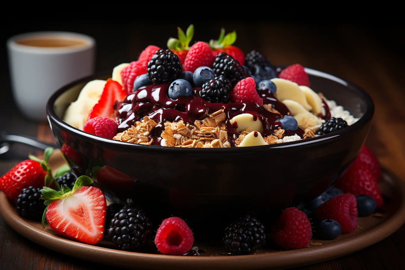 A vibrant, realistic photograph showcasing a fully assembled acai bowl, styled on a light wooden table with natural light