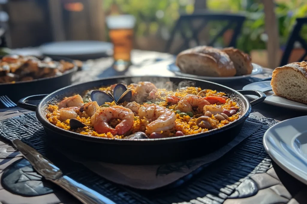 Angled view of a dining table with a pan of Paella de Mariscos topped with shrimp and clams