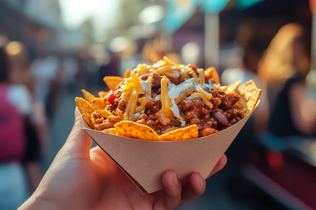 Angled view of a hand holding a paper boat filled with Frito Pie, showing layers of Fritos, chili, and cheese, with a blurred food truck festival setting in the background.