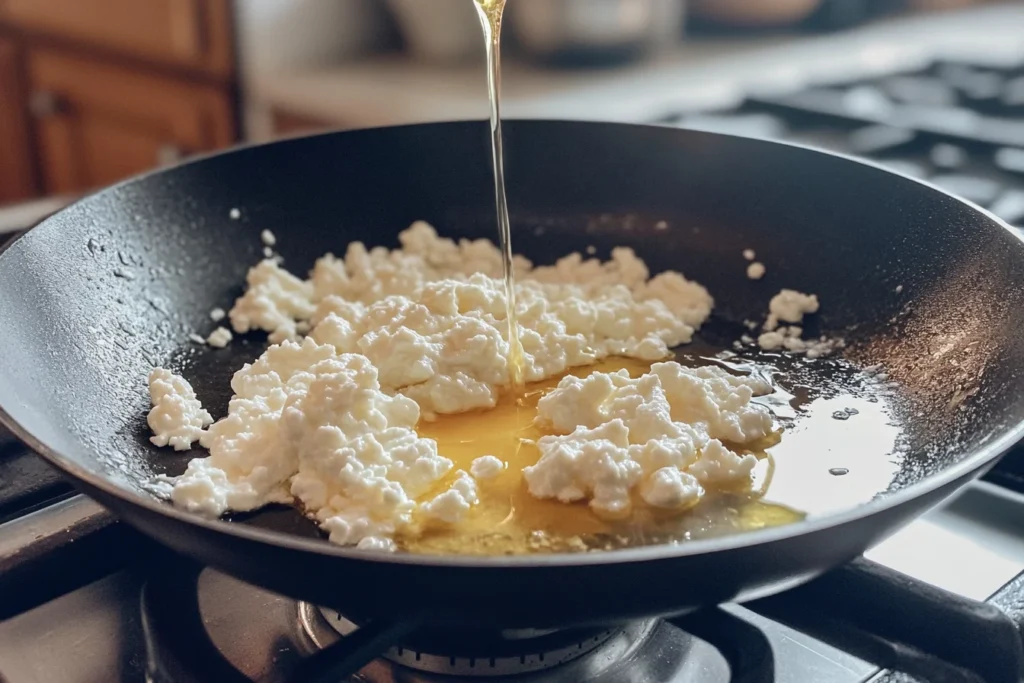 Captures the active cooking stage, showing the eggs being poured into the hot skillet.