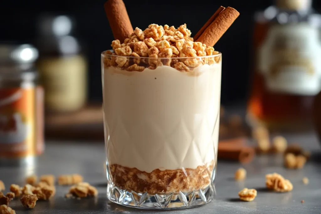 garnished shot with crushed cereal, with a cereal box in the background.