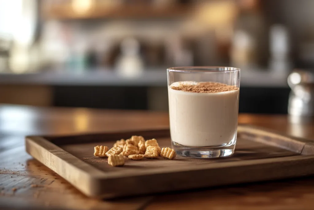 Cinnamon Toast Crunch shot glass on a wooden tray, surrounded by cereal pieces and cinnamon sugar.