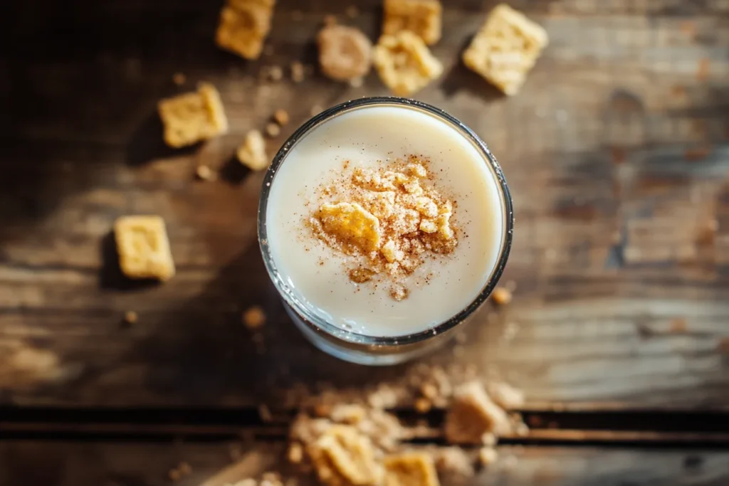 Cinnamon Toast Crunch shot in a glass, garnished with crushed cereal and cinnamon sugar on a wooden table.