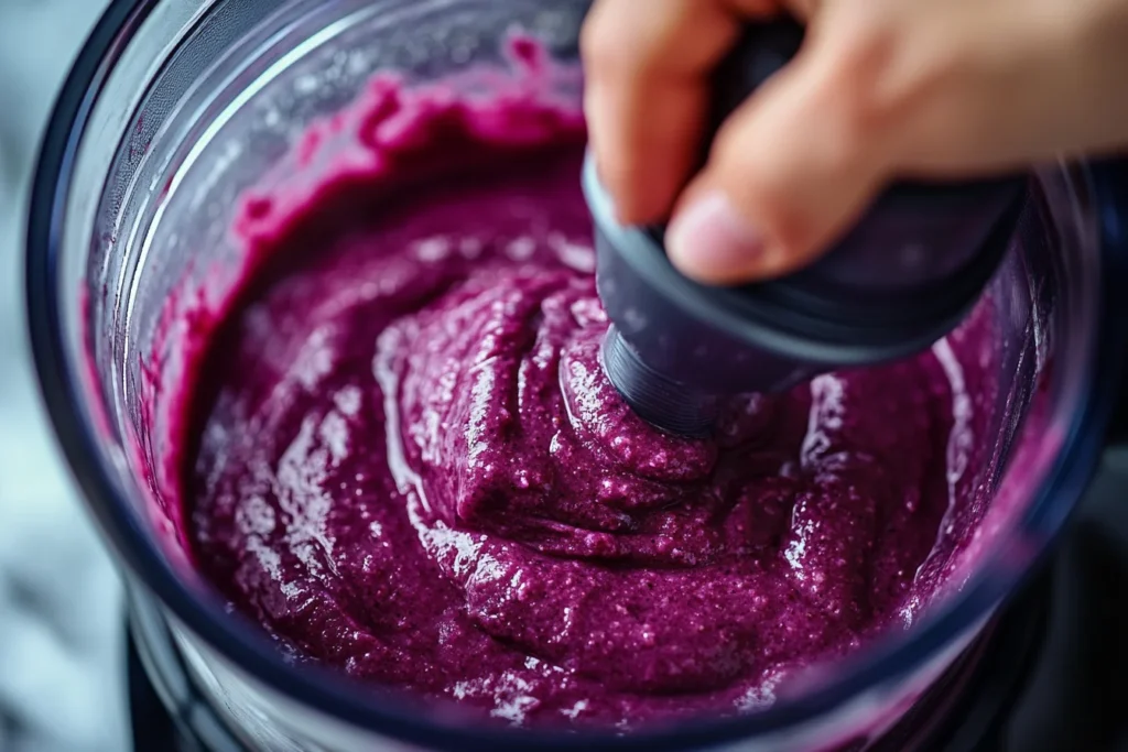 Close-up view of the acai puree being blended, highlighting its texture and colour.