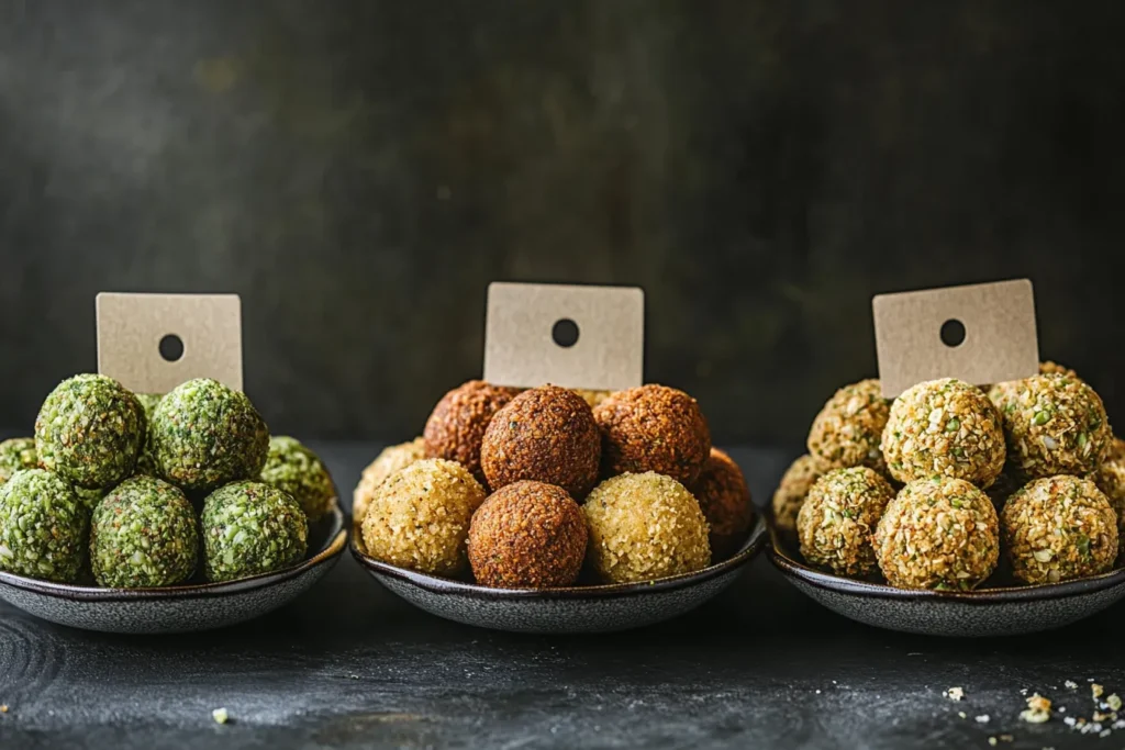 The trio of cooked lupin falafels displayed side by side.