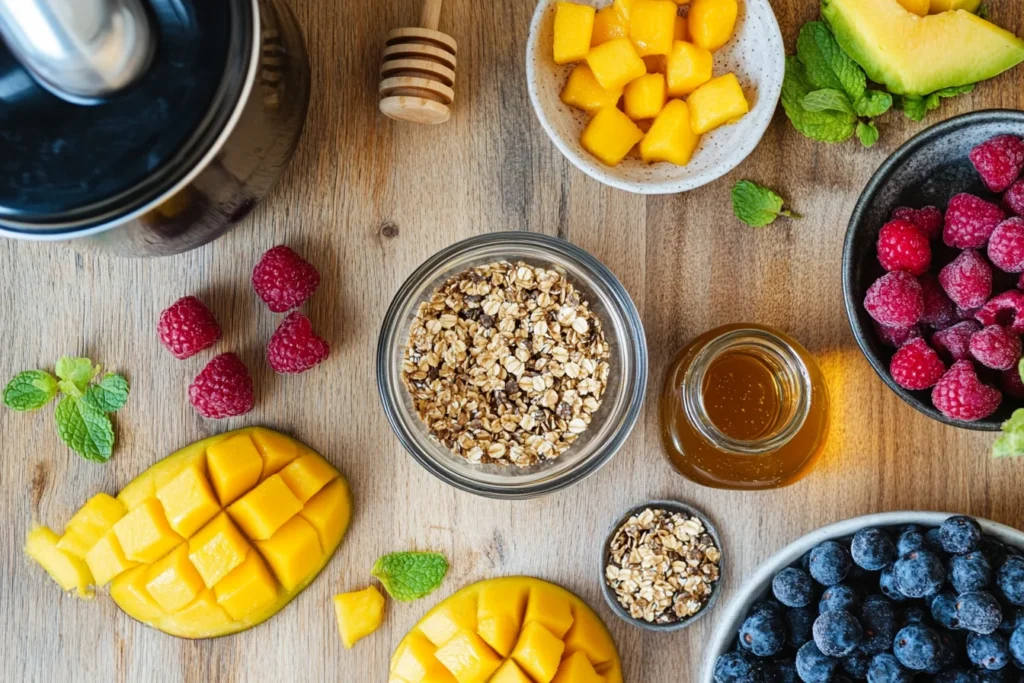 Flat-lay that shows all the key ingredients used for the recipe, in an organized setting.